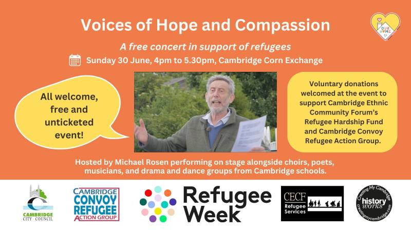 Poster for Voices of Hope and Compassion concert, featuring Michael Rosen, along with the text already outlined